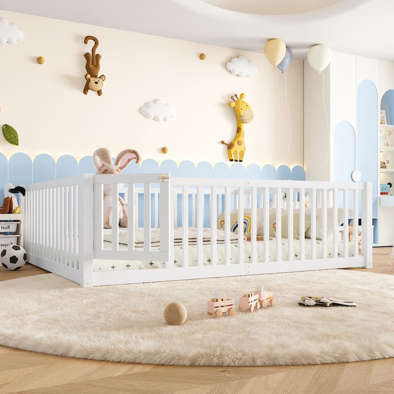 Montessori Floor Bed with Safety Guardrails & Door, Kids Low Profile Frame, Available in Queen/Full/Twin