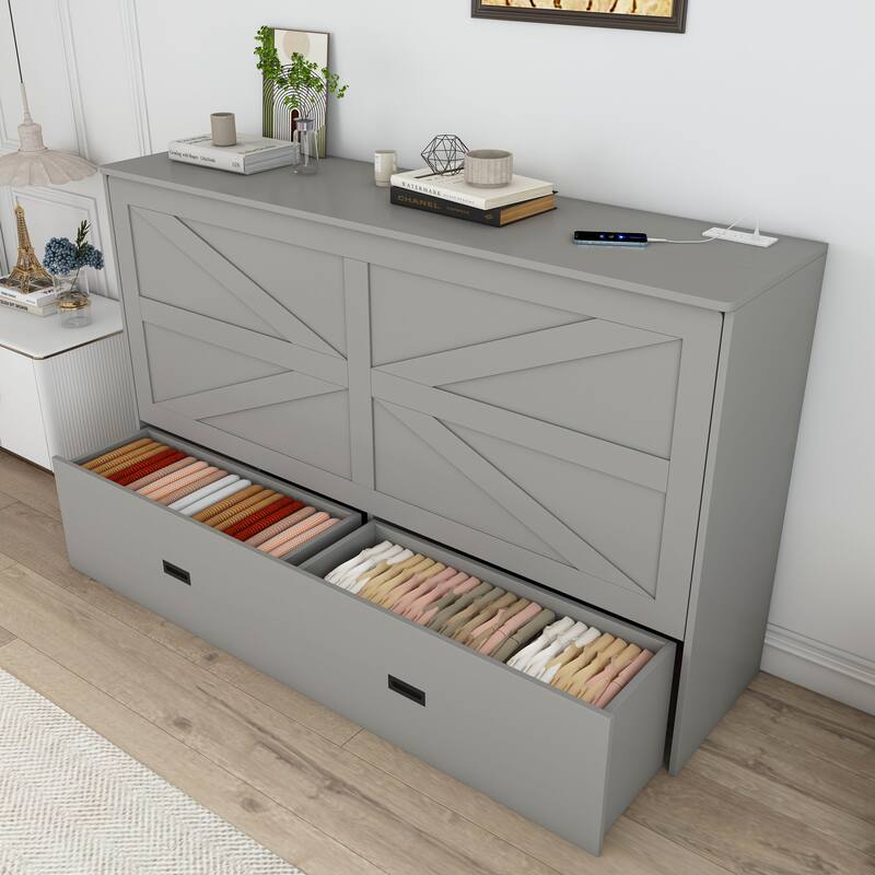 Full Size Foldable Murphy Bed Cabinet with Storage and Charging