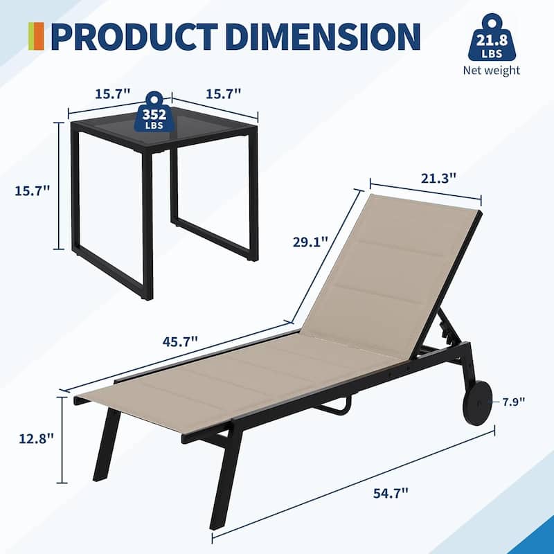 3-Piece Patio Lounge Chairs with Wheels,Patio Chaise Lounge Chairs With Side Table