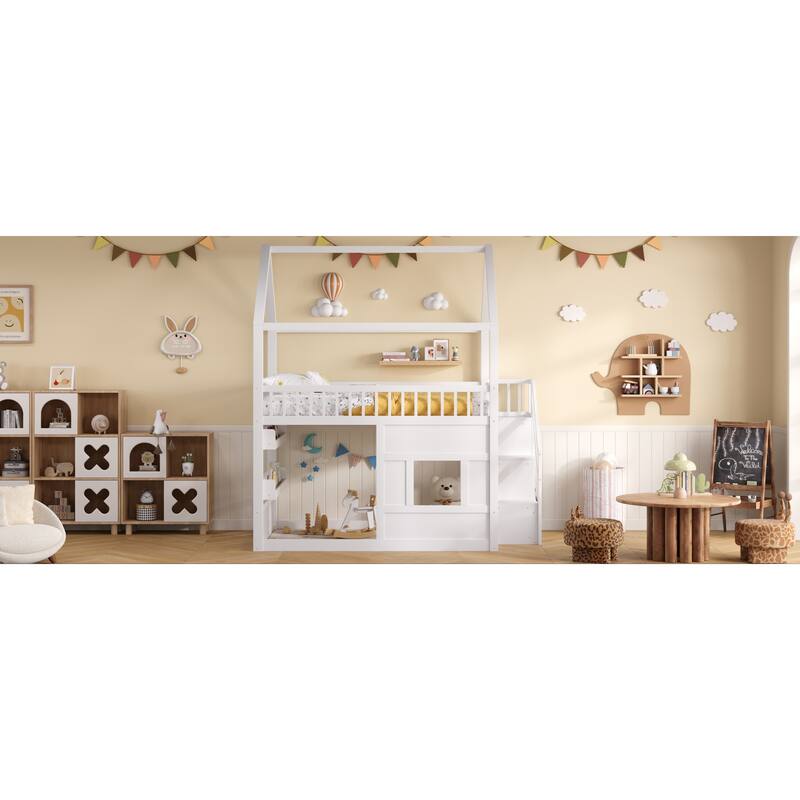 Roomfitters Full Size Wood House Loft Bed with Storage Stairs and Built-in Shelving, Modern Space-Saving Sleep Space