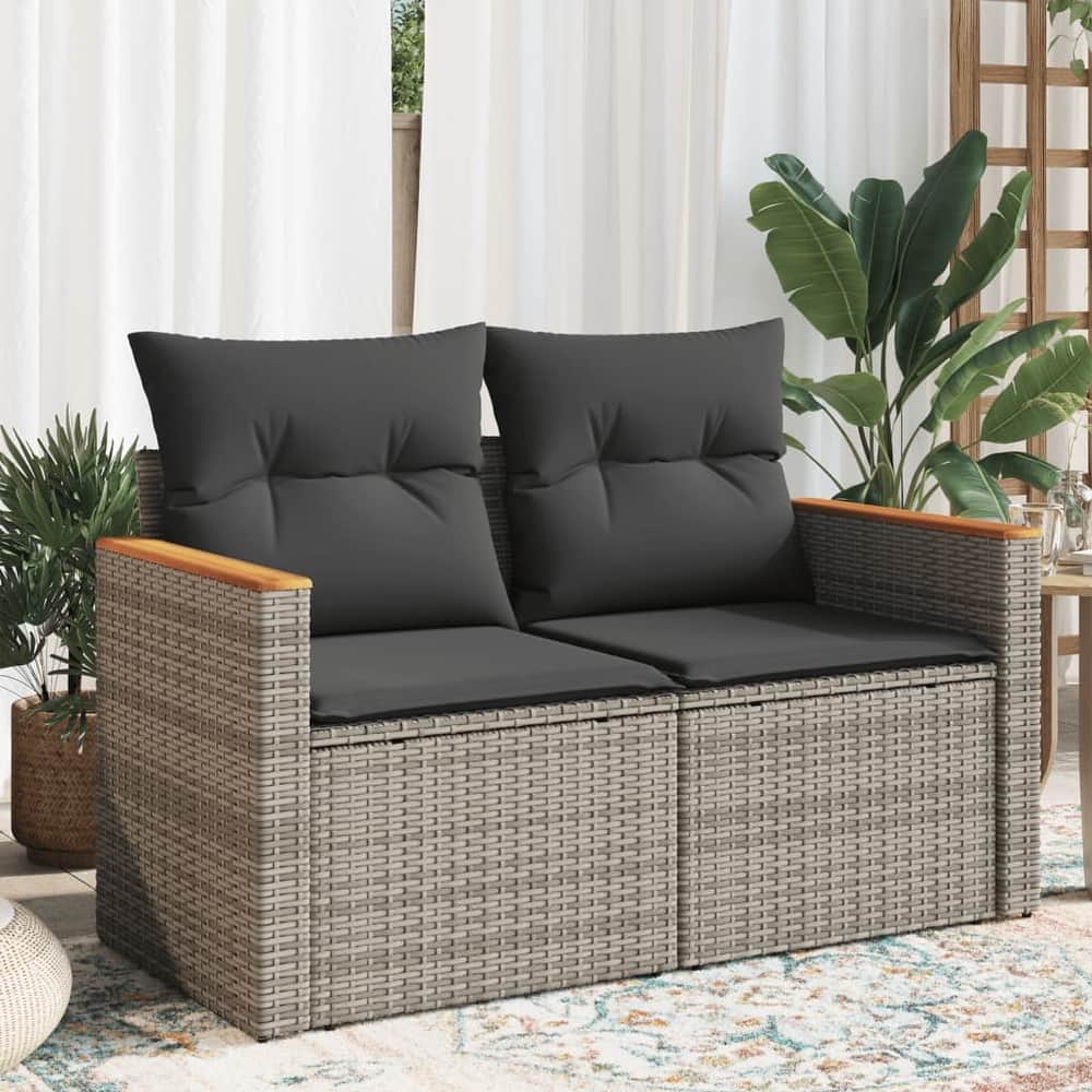 vidaXL Patio Sofa with Cushions Outdoor Seat Modular Sofa 2-Seater Poly Rattan - 24.4 x 48.8 x 27.2 in