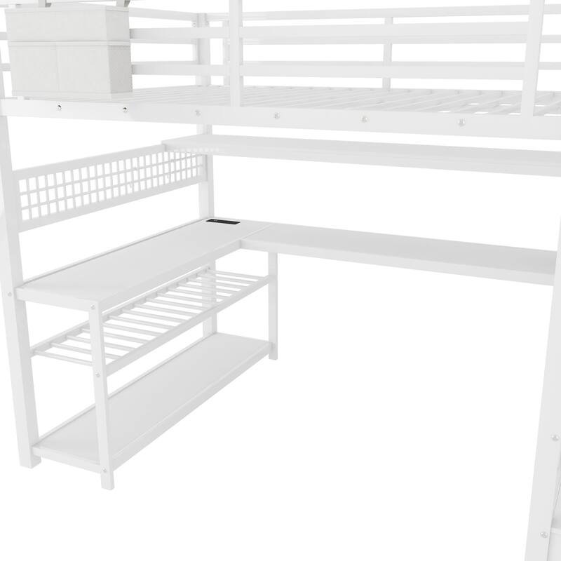 Full Size Metal Loft Bed with Staircase and Wardrobe, Loft Bed Frame with Desk, Storage Shelves, LED Lights and Charge Station
