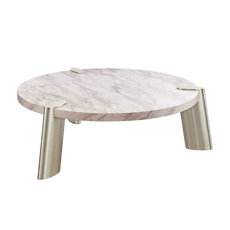 48" Gold And White Genuine Marble Round Coffee Table - 17" H x 48" W x 48" D
