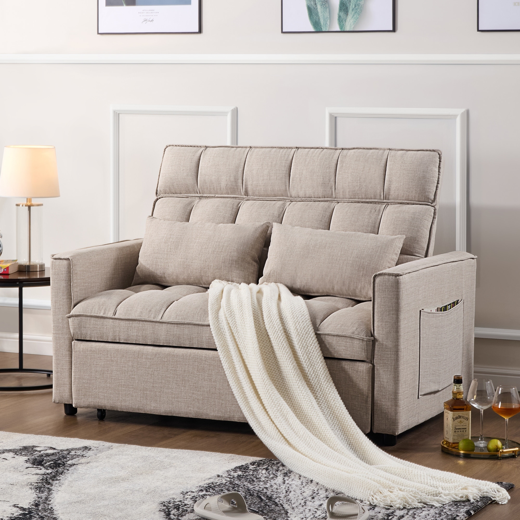 Modern 76" L 3-in-1 Multi-Functional Cream Sleeper Sofa with Iron Frame Pull-Out Loveseat
