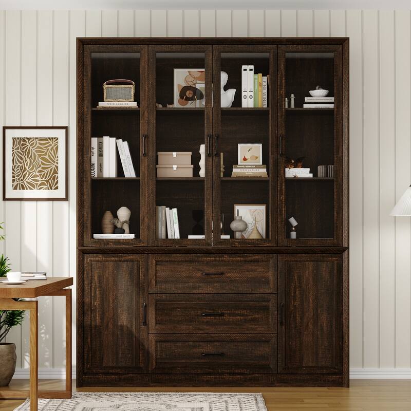 79.6" Tall Glass Display Cabinet, 6-Tier Bookshelf with Drawers Bookcae Panrty