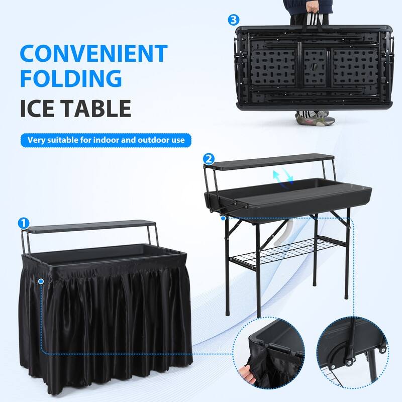 4 ft Folding Ice Table, Party Cooler, Fishing Table with Drain, Skirted Prep (Black)