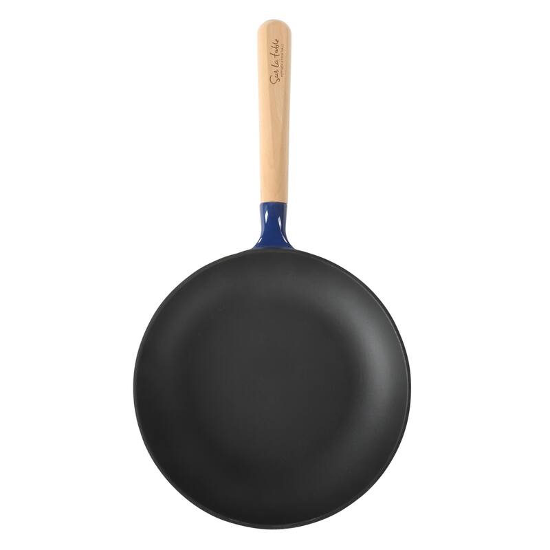 Sur La Table Kitchen Essential 9.5 Inch Pre-Seasoned Cast Iron Skillet with Wood Handle Natural Nonstick Lightweight Cast Iron