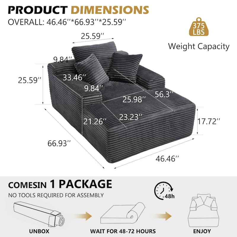 Deep Seat Chaise Lounge Chair, Wide Armrest Sleeper Sofa with Three Soft Pillows, Convertible Boneless Sofa Bed Daybed