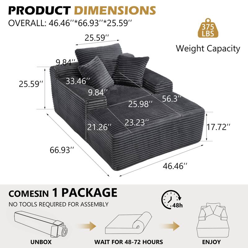 Roomfitters 67" Oversized Chaise Lounge, Corduroy Boneless Sleeper Sofa with 9.9" Wide Armrests
