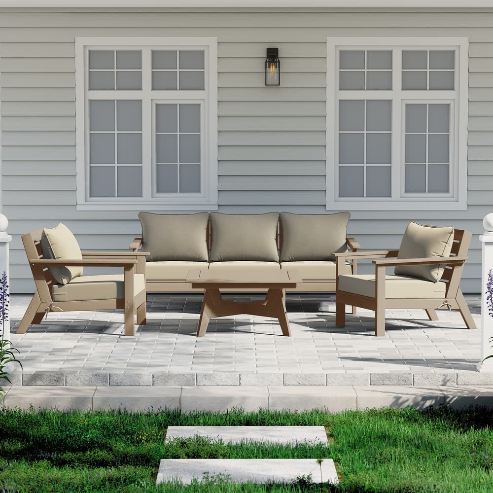 Birchwood All Weather HDPE Outdoor Patio Weathered Wood Deep Conversation Set (6-Piece Set)