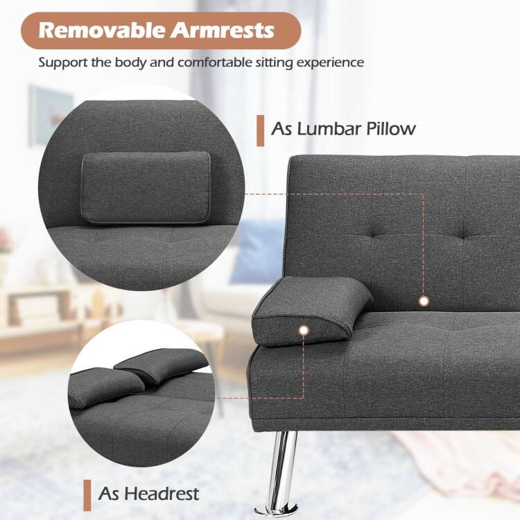 Convertible Folding Futon Sofa Bed Fabric with 2 Cup Holders - 66" x 31.5" x 29.5"
