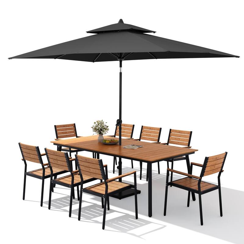 11PC Outdoor Patio Dining Set Aluminum Table with Stackable Armchairs w/ Market Umbrella Set