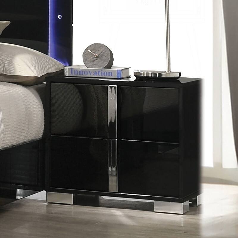 Modern Stylish Nightstand with Chrome Accents and Streamlined Design for Bedroom - Black