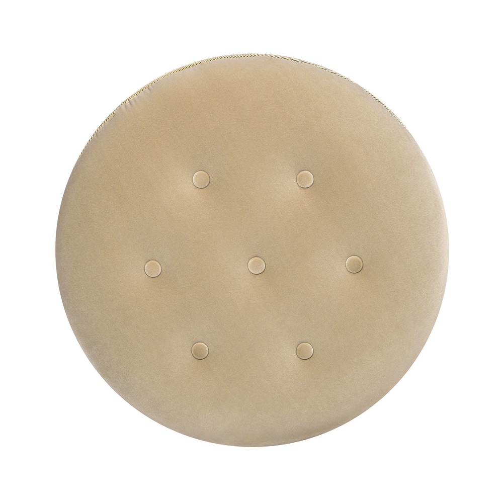 Button Tufted Round Accent Ottoman, Velvet Upholstered Makeup Stool, Fabric Single Bench with Gold Tassel Trim