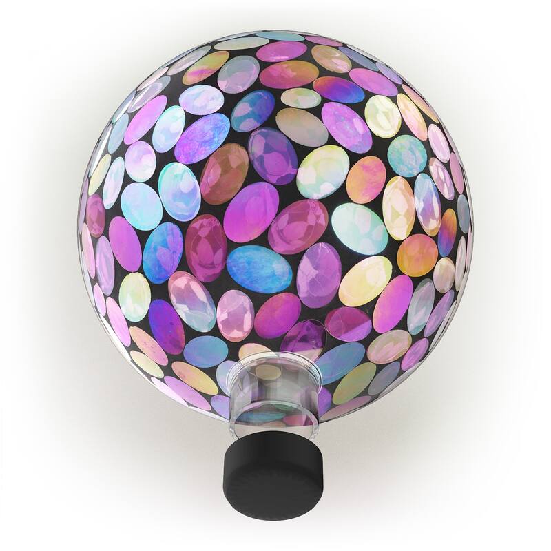 Alpine Corporation Outdoor Solar Powered Pink Glass Mosaic Gazing Globe with LED Lights and Metal Stand, Violet