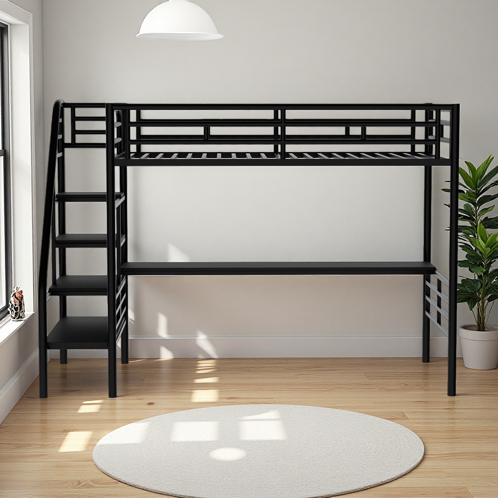 Twin Metal Loft Bed with Desk & Guardrails