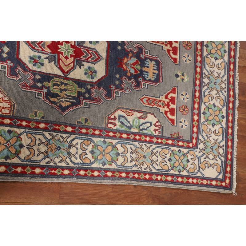 Geometric Kazak Accent Rug Handmade Grey Wool Carpet - 3'1" x 5'1"