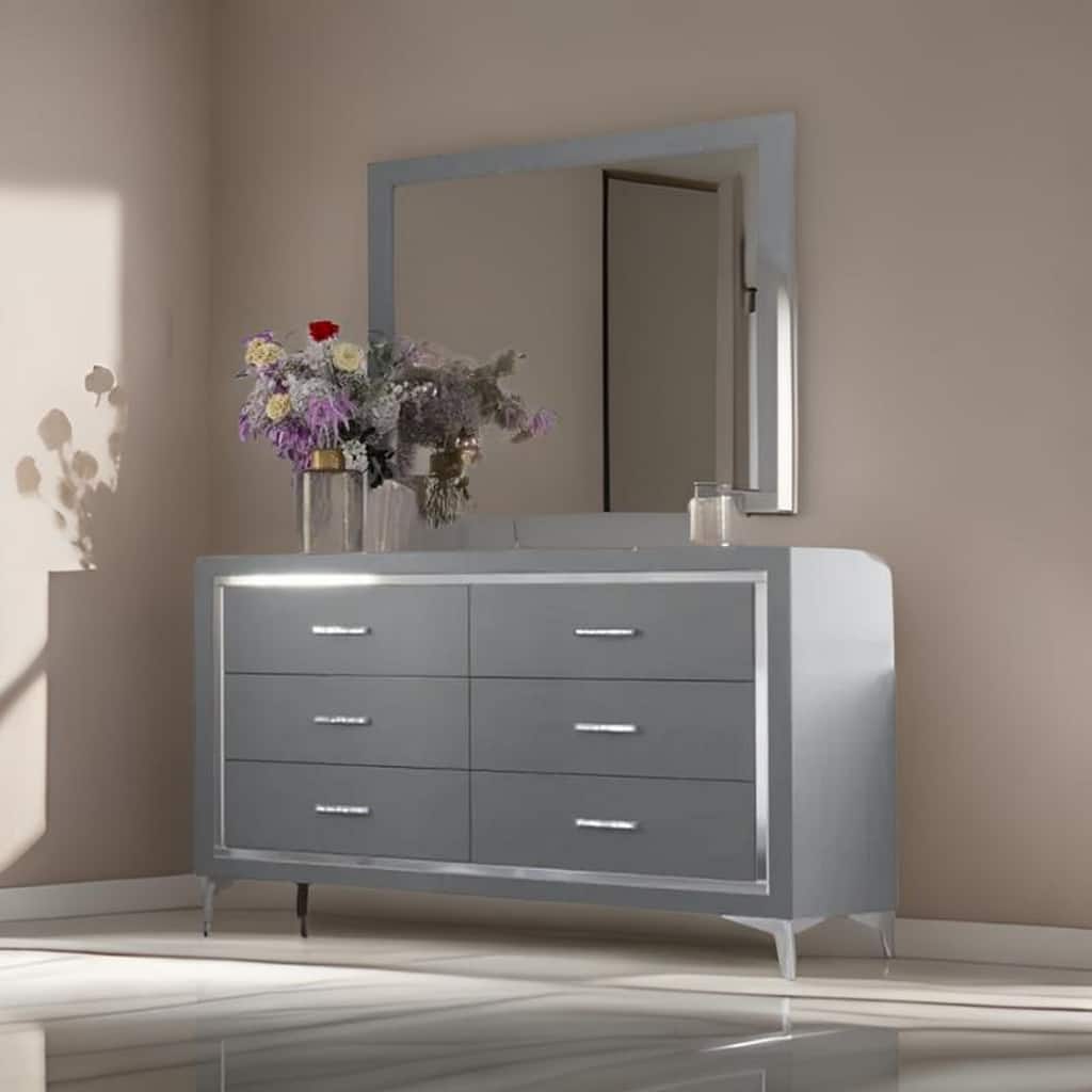 Sami 40 x 40 Dresser Mirror, Embossed Texture, Modern Style, Gray Wood