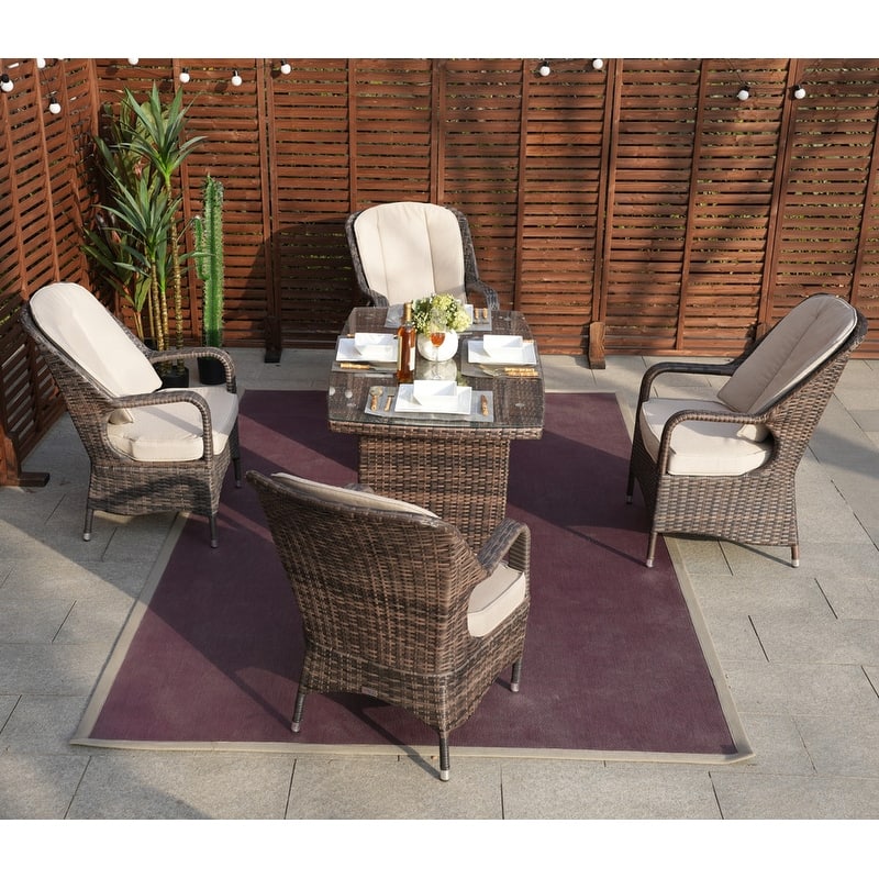 5-Piece Patio Wicker Dining Set with 4 Arm Chairs