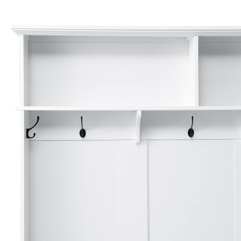 Roomfitters Widen Mudroom Hall Tree with Storage Bench, Modern Entryway Cabinet with 2 Large Compartments and 5 Coat Hooks