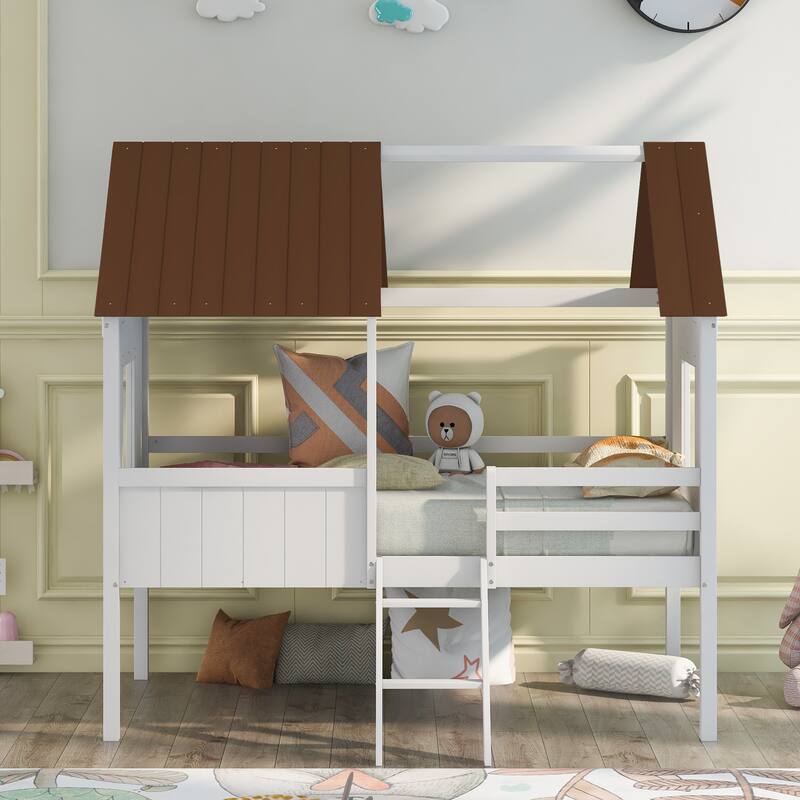 Low Loft Twin House Bed with Guardrail and Two Side Windows, Sturdy Wood Frame - Gray