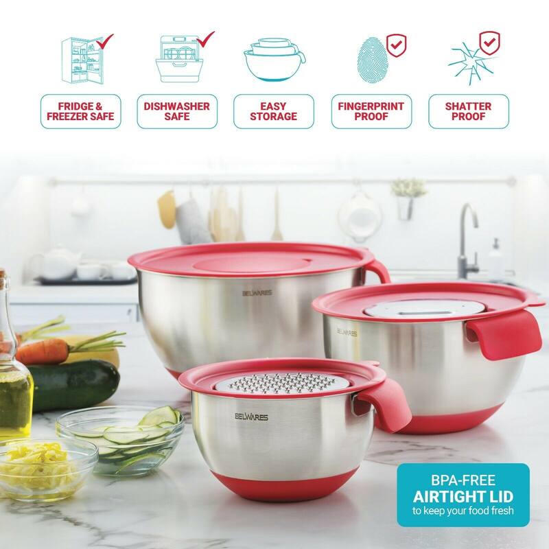 Stainless Steel Mixing Bowls Set of 3, with Lids & Graters,