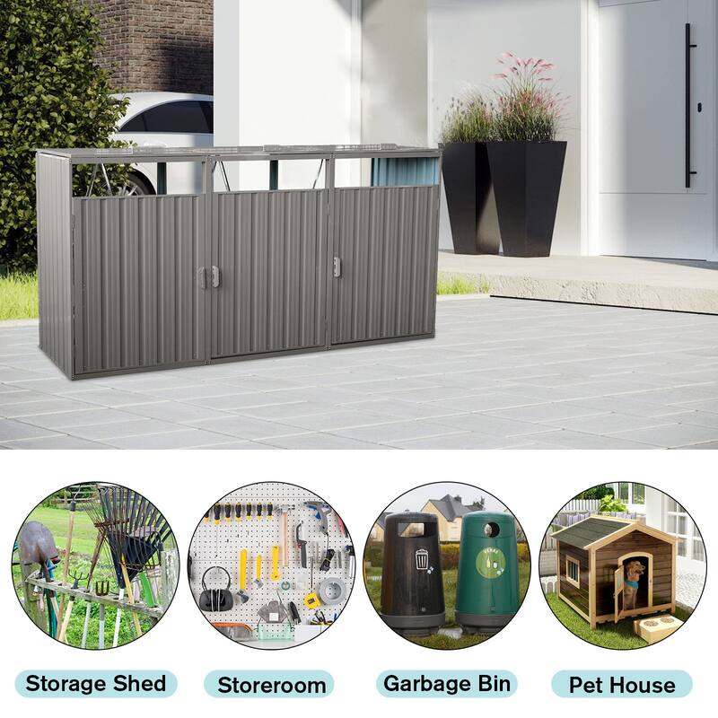 Anti-rust Galvanized Steel Garbage Can Storage Shed Lockable Bin Shed with Hydraulic Lid & Front Three Doors