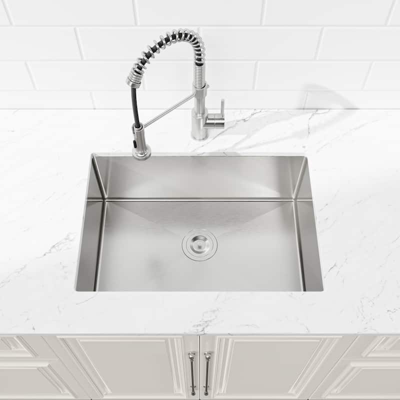 Stainless Steel Kitchen Sink, 27″x19″ Single Bowl, Undermount Handmade Sink in Brushed Nickel, with US Standard Drain and Hook