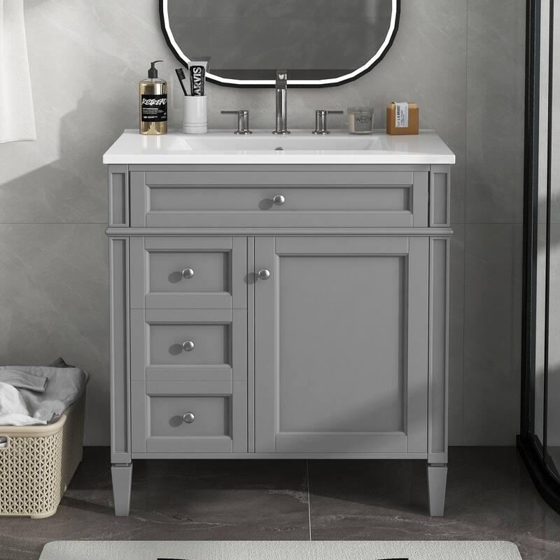 Modern 30" Bathroom Vanity with Ceramic Sink, 2 Drawers & Tip-Out Drawer for Bathroom Storage