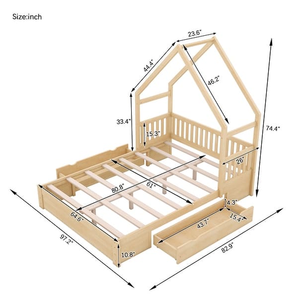 dimension image slide 0 of 3, Queen Size Platform Bed Kids Floor Bed with House & Guardrail Frame Design Headboard and 2 Storage Drawers, No Box Spring Needed