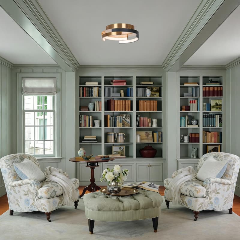 Modern 2-Light Black Brushed Brass Integrated LED Flush Mount Ceiling Light with Dual Ring Design - 12" D x 3.5" H