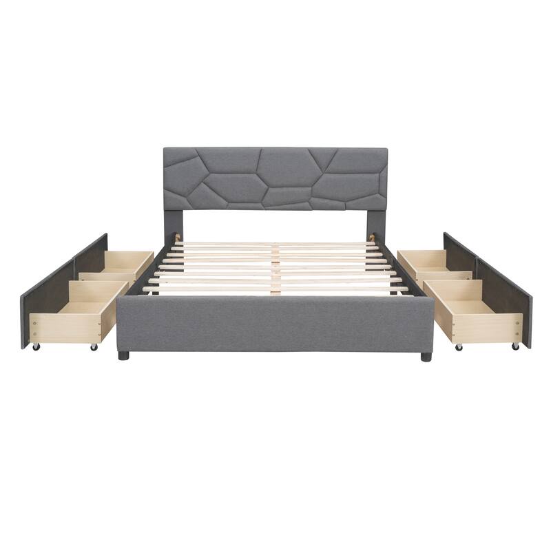 Queen Upholstered Platform Bed with Brick Pattern Heardboard & 4