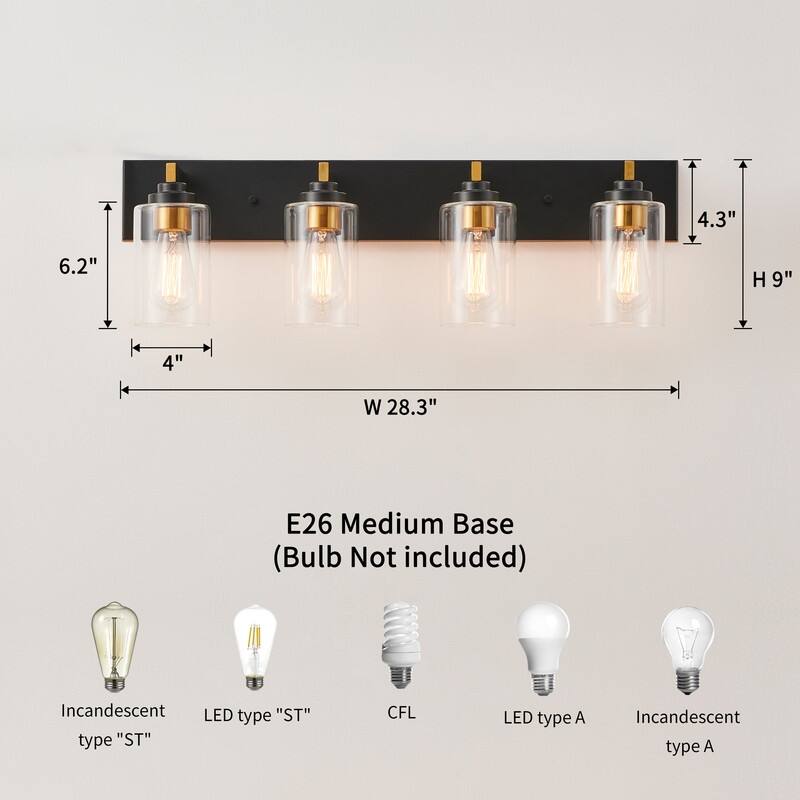 KAWOTI 28.4" 4-Light Bathroom Vanity Light with Clear Glass Shade