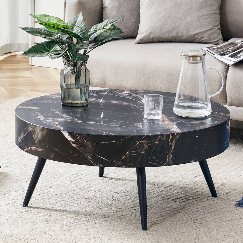 31.5 Inch Round Coffee Table with Adjustable Legs Small End Table with Marble Sticker Top Home Center Table - Black