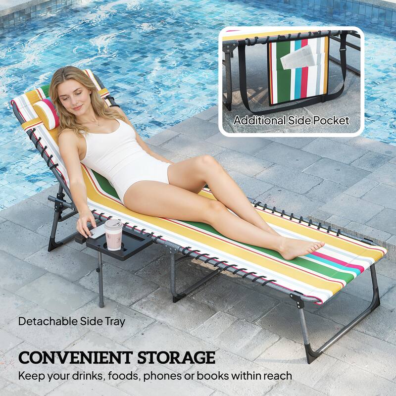 Outsunny Folding Chaise Lounge Chair Outdoor Tanning Chair with Side Table, 5-Level Adjustable Beach Lounge Chair with Headrest