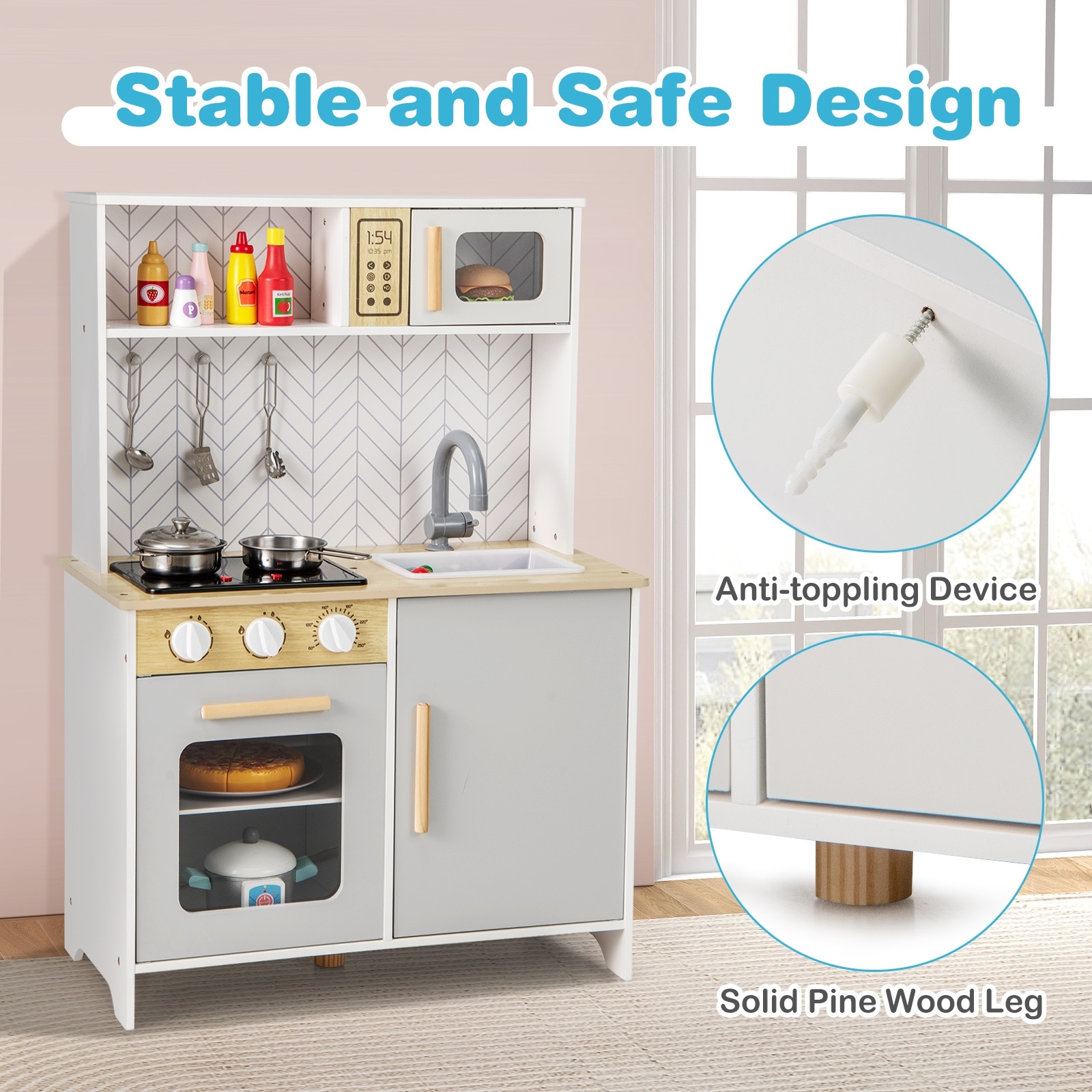 Wooden Kitchen Toy Set with Stove, Sink and Cooking Accessories