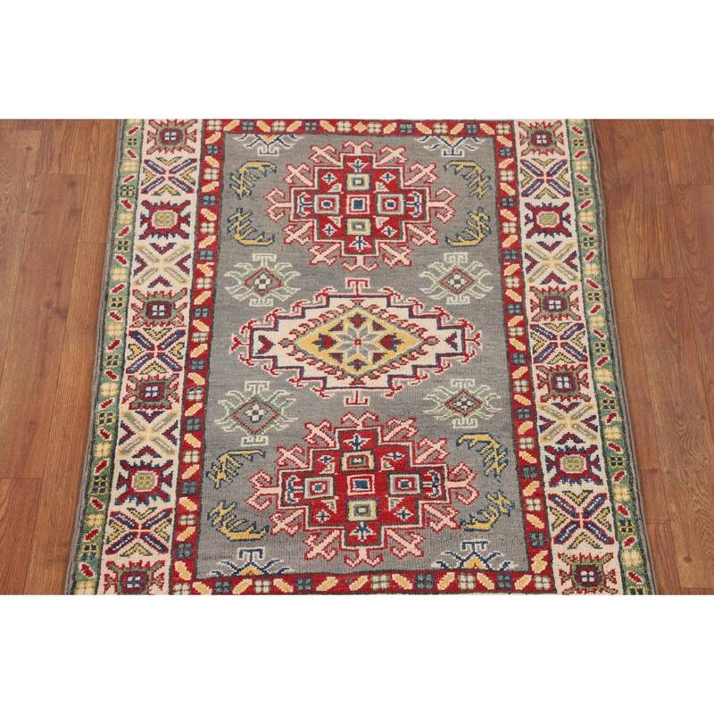 Grey Traditional Kazak Accent Rug Hand-Knotted Wool Carpet - 2'8" x 3'11"