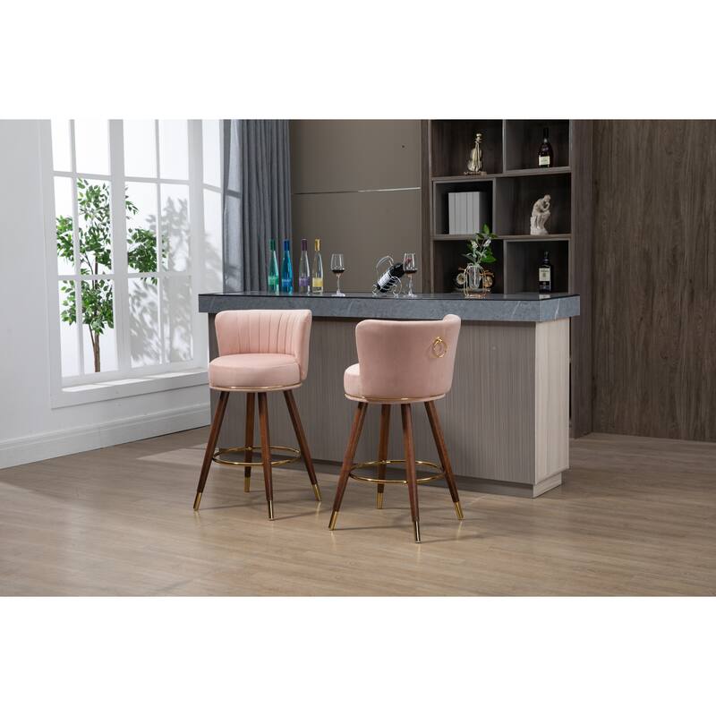 Bar Stools Set of 2, Swivel Barstools with Wood Legs and Footrest, Upholstered Kitchen Stool Island with Backs