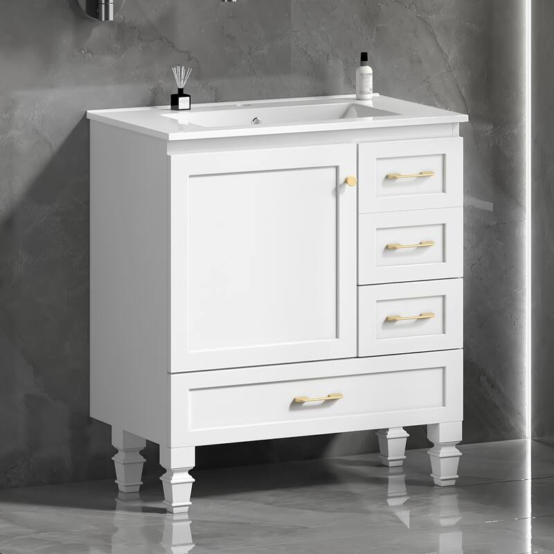 30" Bathroom Vanity. Abundant Storage Cabinet -1 Soft close doors and 3 drawers - White