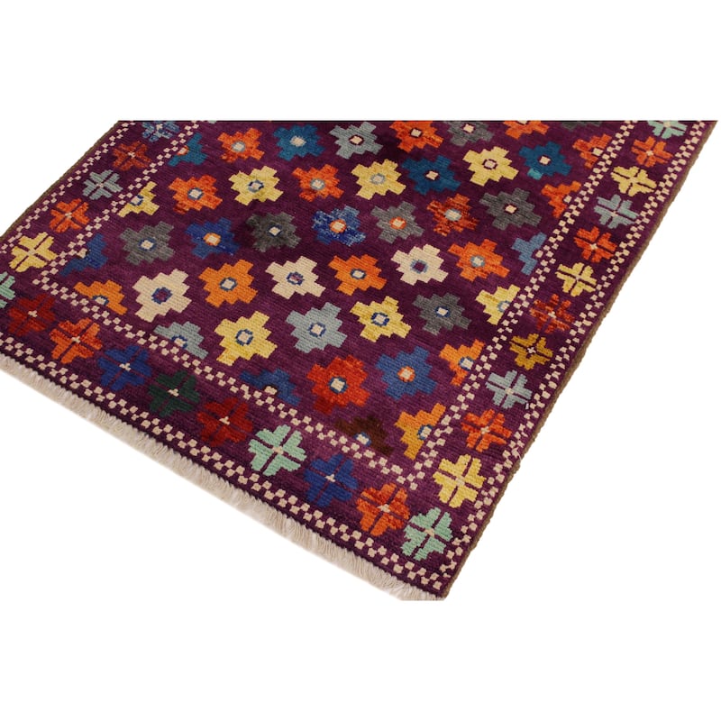 Rustic Balochi Hahn Purple/Green Hand Knotted Wool Rug - 3'4'' x 4'11''