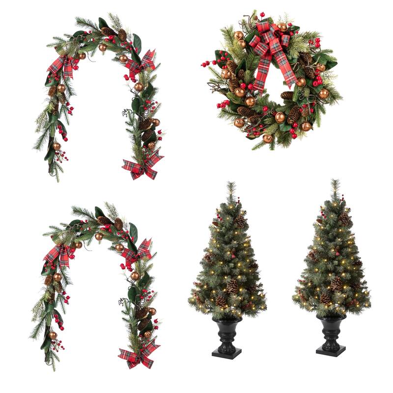 Glitzhome 4/5ft Pre-Lit Snow Flocked Christmas Tree in Pot, Berry Bow Wreath and Garland Set Xmas Decor - 5PK-4ftTrees&Garlands&Wreath