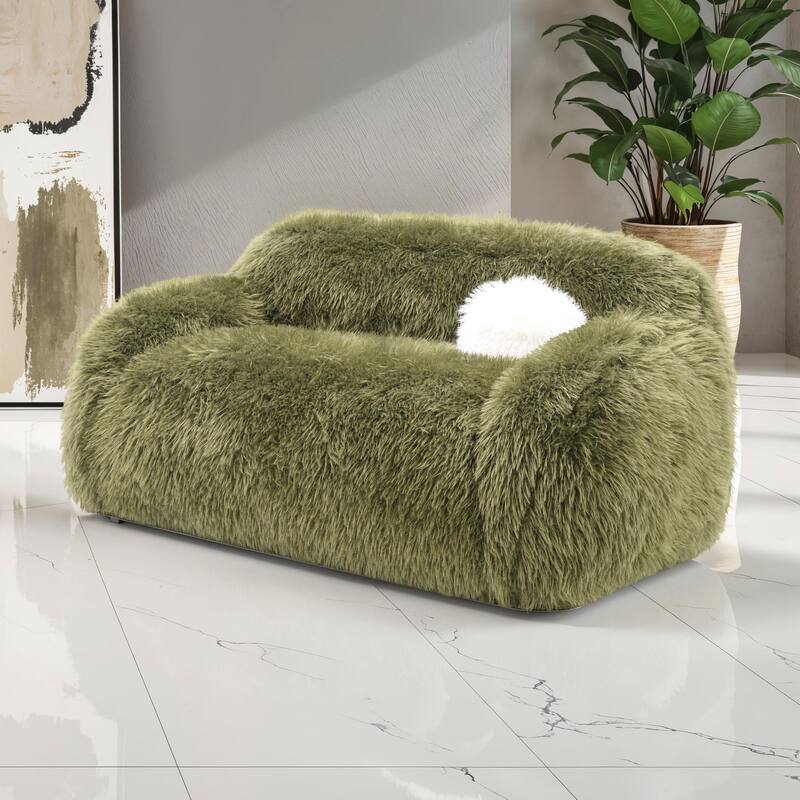 Furniture of America Cynra Modern 66-inch Faux Fur Loveseat with Ball Pillow - Green Long-Haired