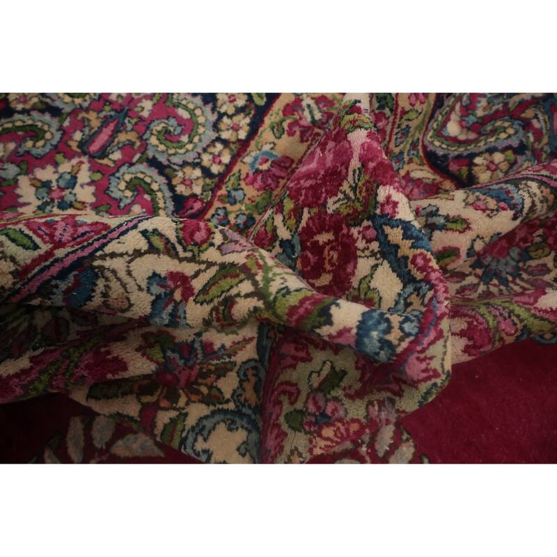 Hand Knotted Oriental 100% Wool Carpet Traditional Floral Pink Kerman Area Rug - 13' 10'' X 9' 9''