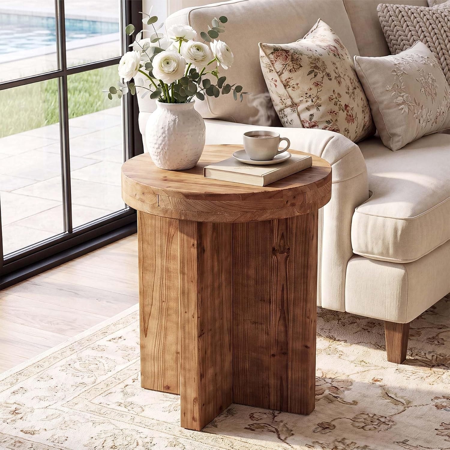 19.7-inch Round Farmhouse Solid Wood End/Side Table with 2.76" Thickened Top for Living Room, Small Space