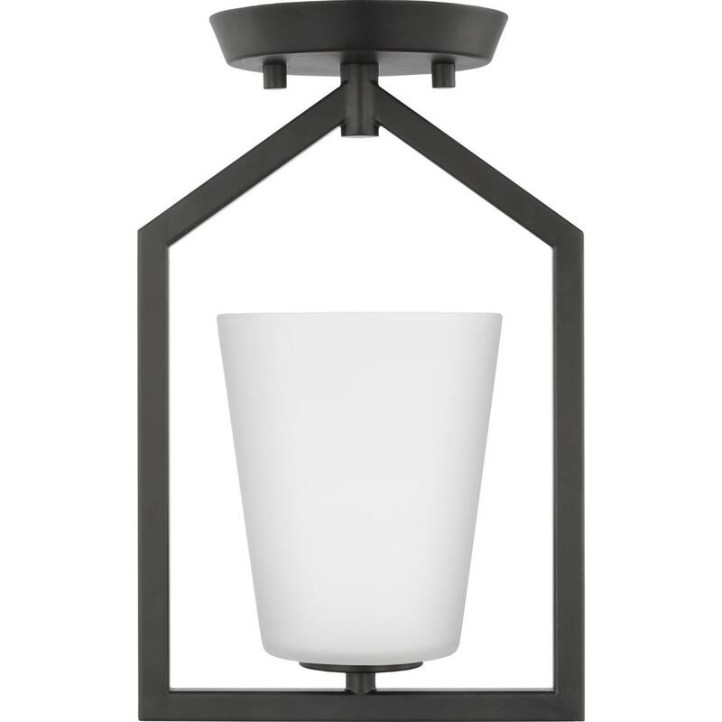 Vertex Collection One-Light Matte Black Etched White Contemporary Semi-Flush Mount - 7.37 in x 5 in x 11.62 in