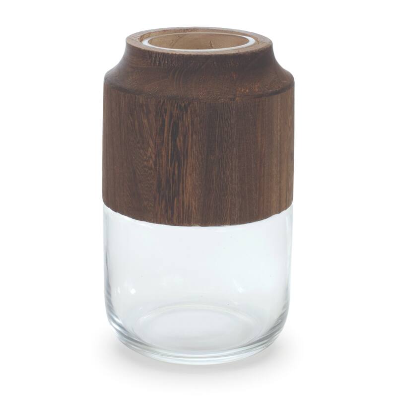 9" Brown And Clear Glass Round Table Vase With Wood - 5.50
