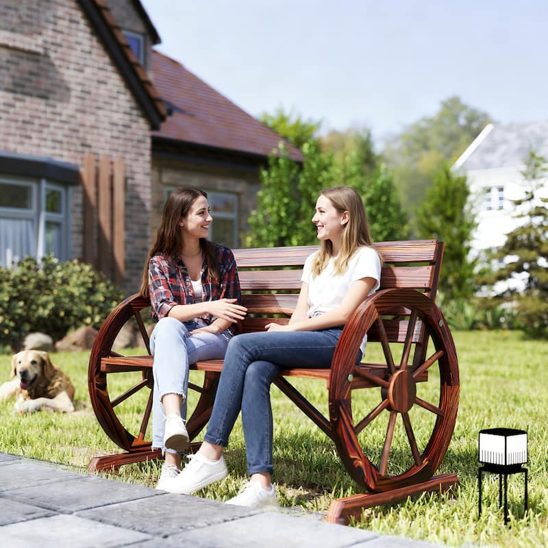 Outsunny Outdoor Patio Wagon Wheel Wooden Bench Chair - Brown