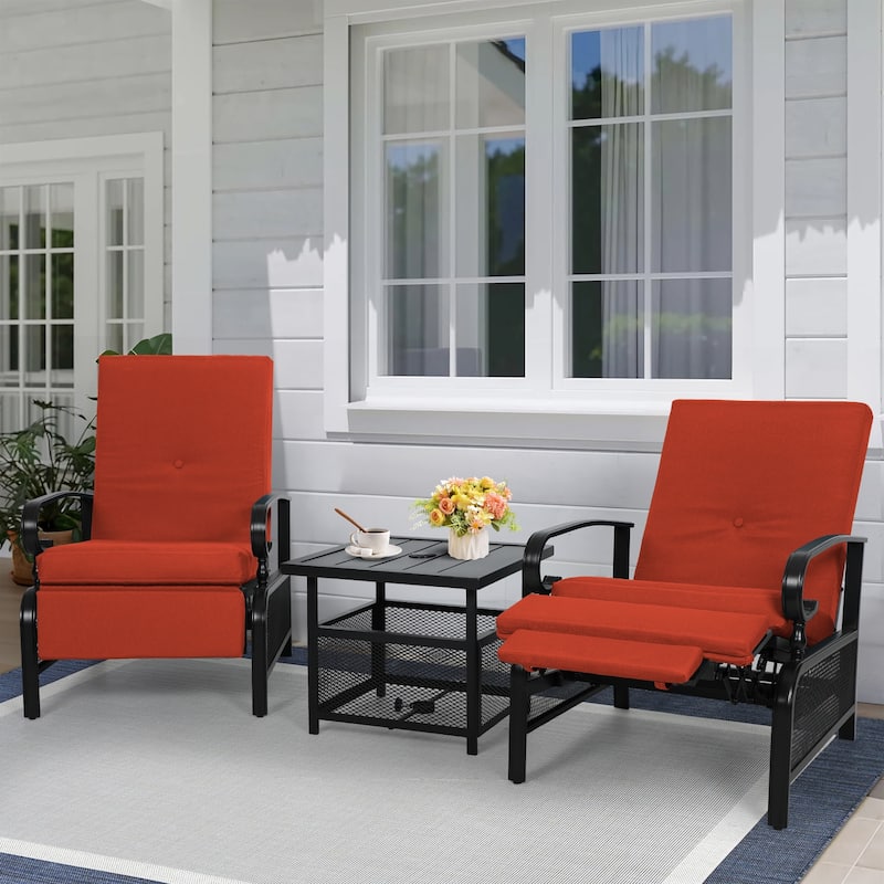 Outdoor Metal Patio Adjustable Recliner Lounge Chair & Bistro Table Set, Retractable Steel Frame and Removable Thick Cushion