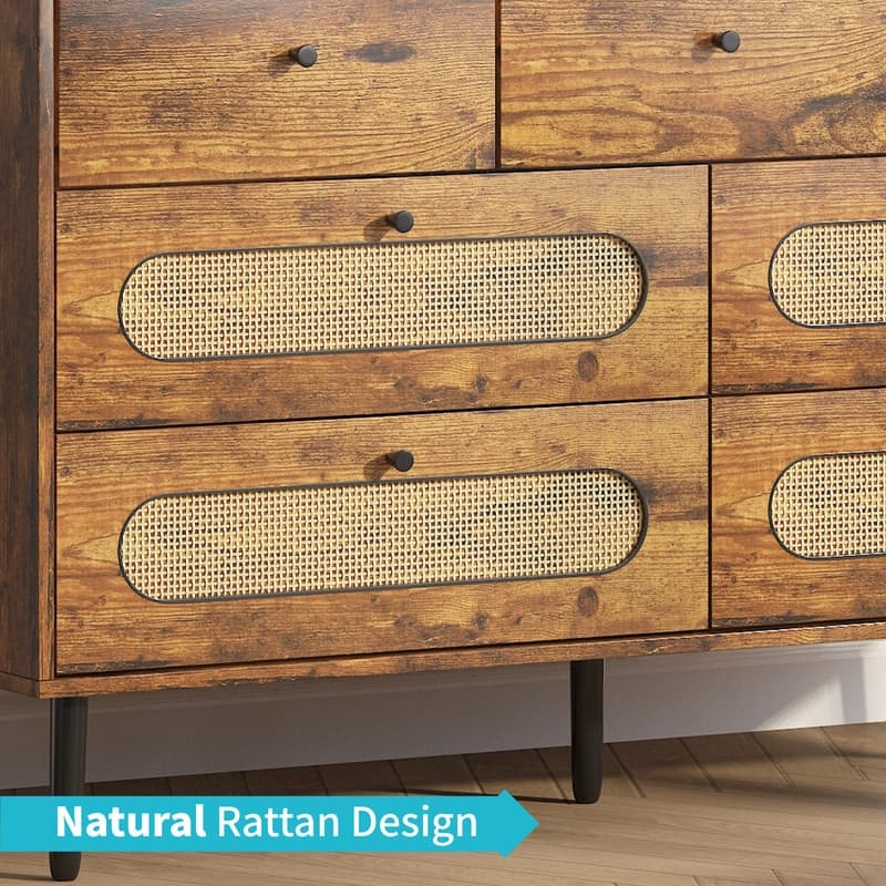 Mixoy Dresser with 7 Drawers,Chest Storage Organizer Units,Modern Wooden Dresser Chest with Rattan Decoration