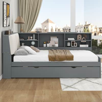 Solid Pine Wood Platform Bed with Trundle Bed, Versatile Platform Bed Frame with Bookshelves, Upholstered Headboard w/Storage
